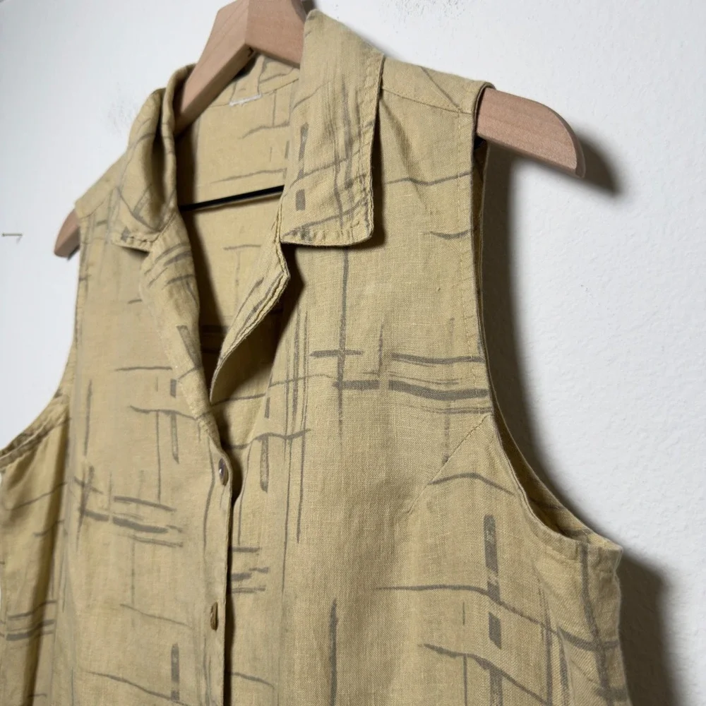 Women 100% Linen Tunic Sleeveless Top Large Tan Abstract Pockets‎ Artsy Coastal - Picture 4 of 6